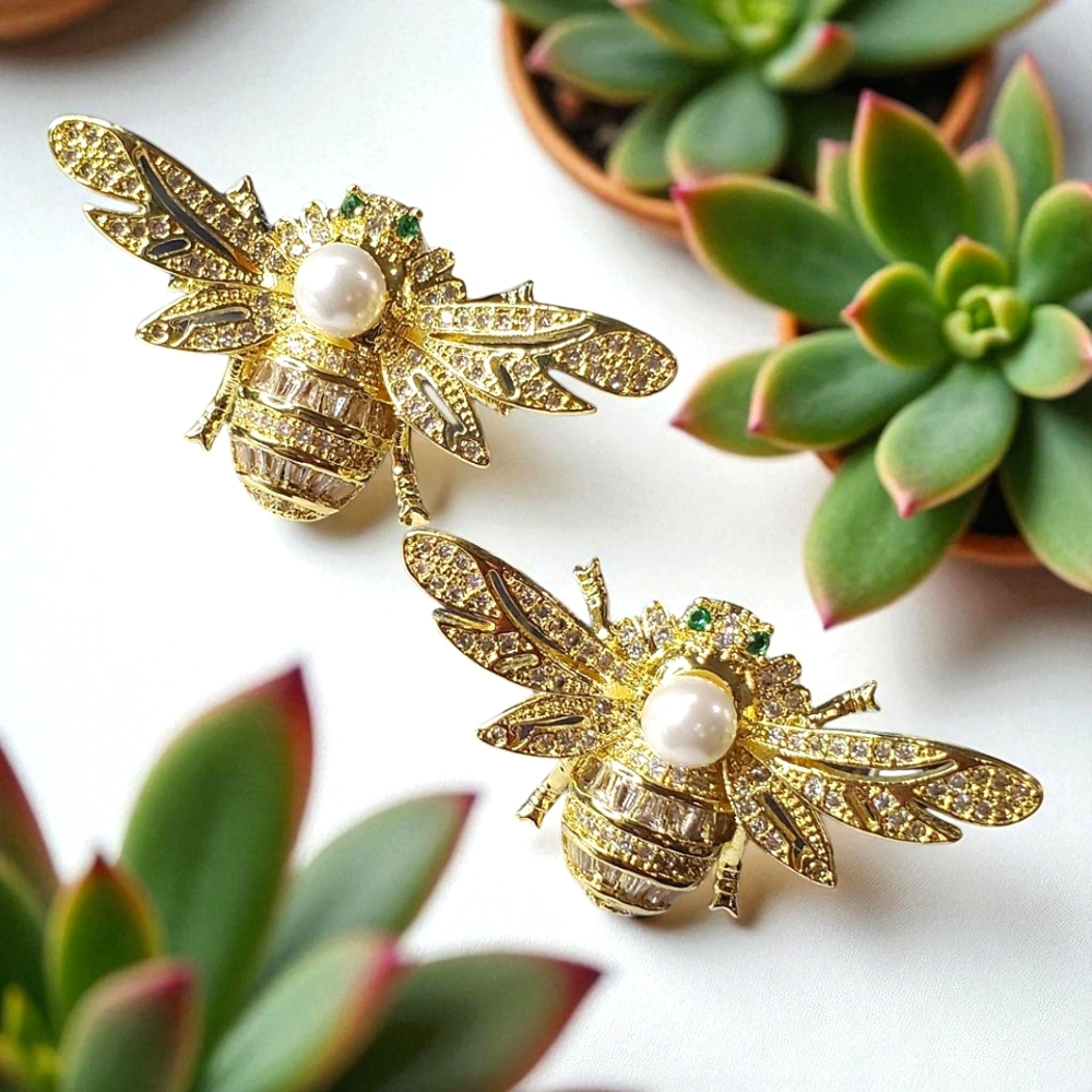 18k Gold Plated Bee Pearl Zircon Crystal Earrings